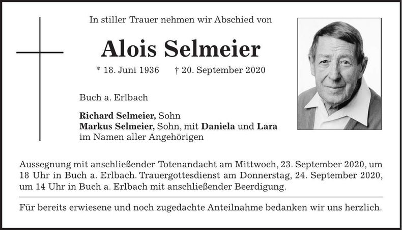Traueranzeige Alois Selmeier