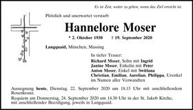 Traueranzeige Hannelore Moser