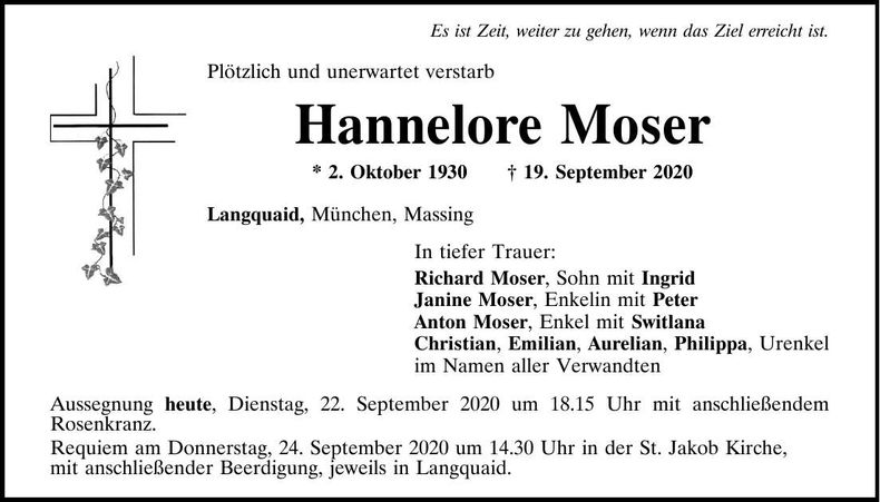 Traueranzeige Hannelore Moser