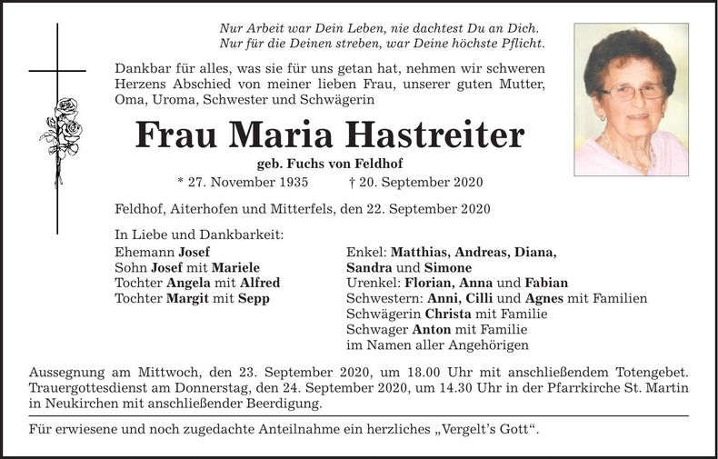 Traueranzeige Maria Hastreiter