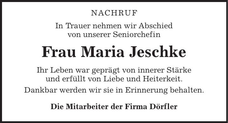 Traueranzeige Maria Jeschke
