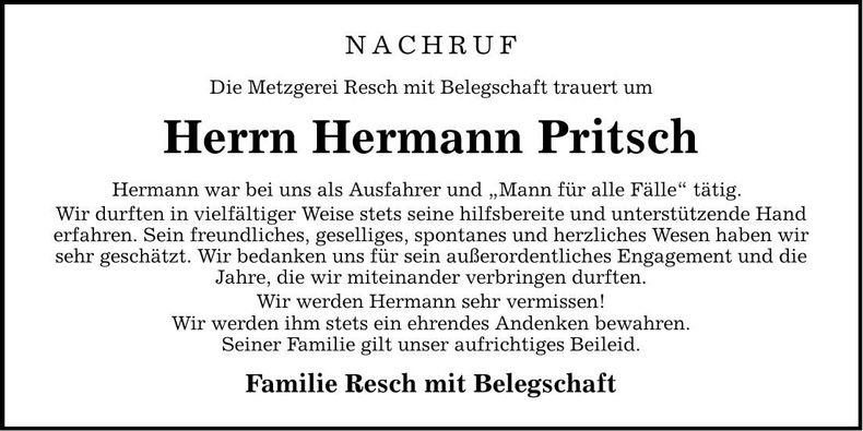 Traueranzeige Hermann Pritsch