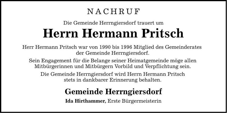 Traueranzeige Hermann Pritsch