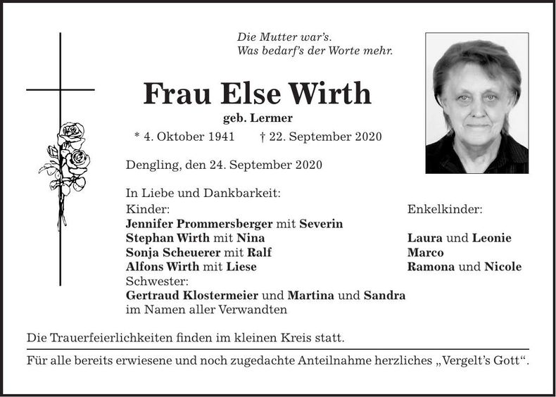 Traueranzeige Else Wirth