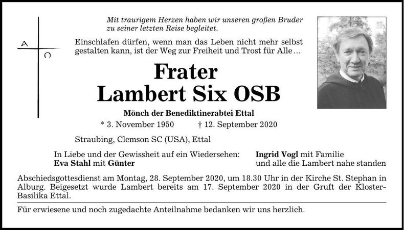 Traueranzeige Frater Lambert Six