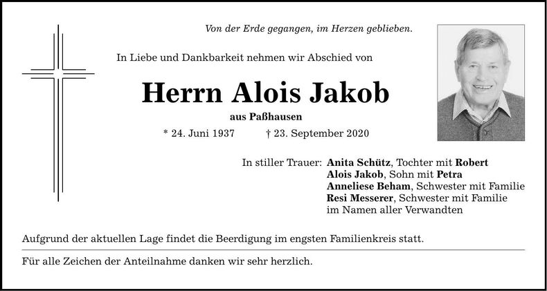 Traueranzeige Alois Jakob