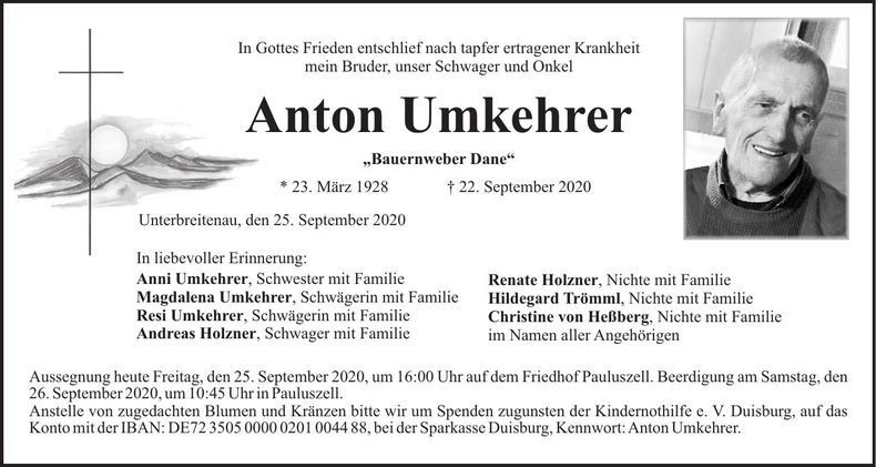 Traueranzeige Anton Umkehrer