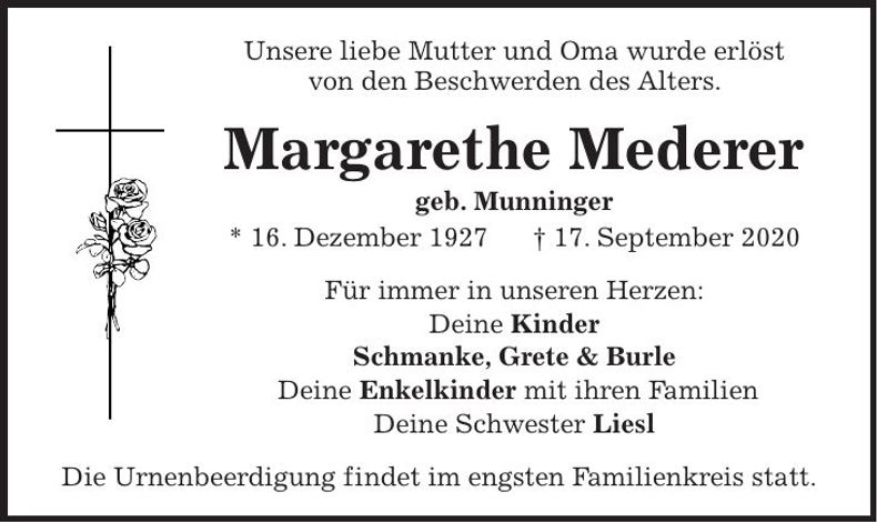 Traueranzeige Margarethe Mederer