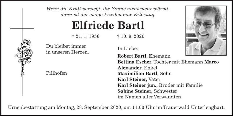 Traueranzeige Elfriede Bartl