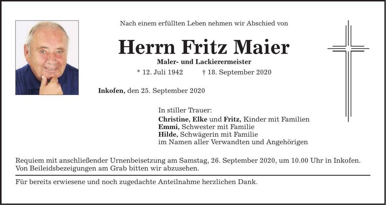 Traueranzeige Fritz Maier