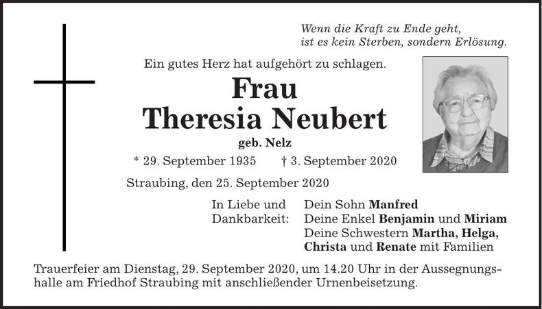 Traueranzeige Theresia Neubert