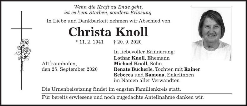 Traueranzeige Christa Knoll