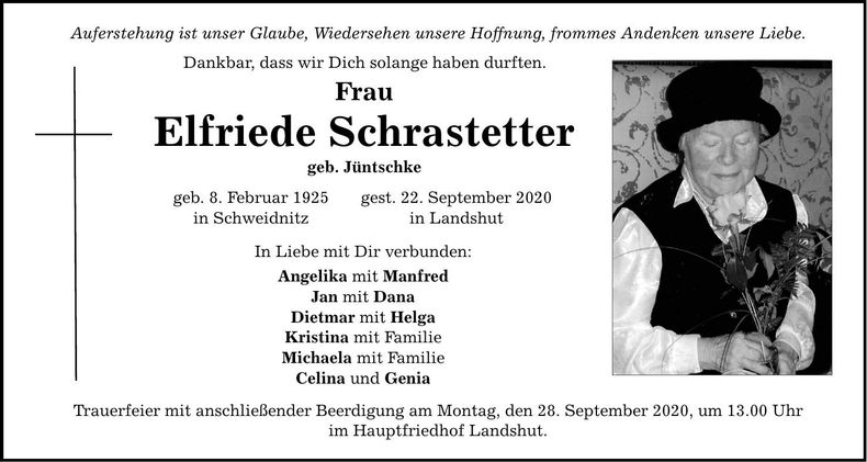Traueranzeige Elfriede Schrastetter