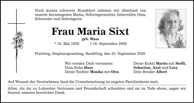 Traueranzeige Maria Sixt