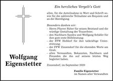 Traueranzeige Wolfgang Eigenstetter