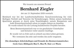 Traueranzeige Bernhard Ziegler