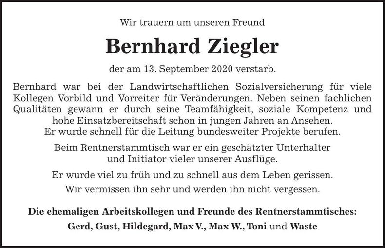Traueranzeige Bernhard Ziegler