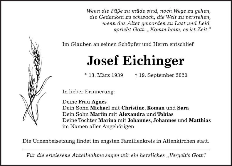 Traueranzeige Josef Eichinger