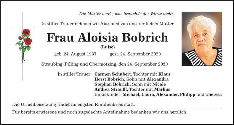 Traueranzeige Luise Bobrich