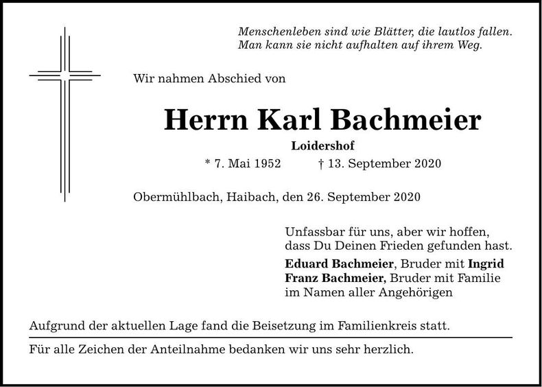 Traueranzeige Karl Bachmeier