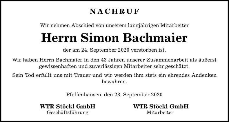Traueranzeige Simon Bachmaier