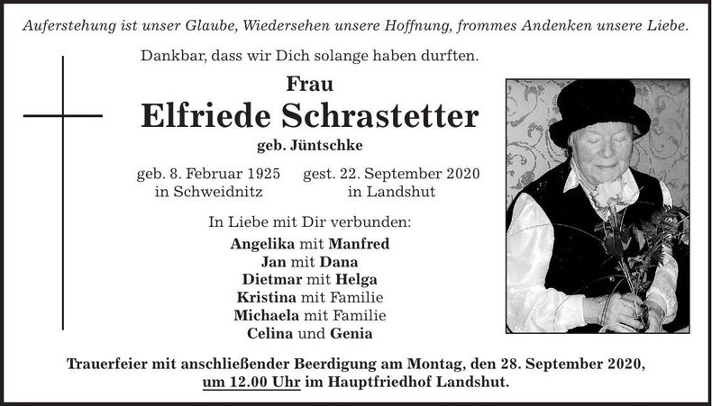 Traueranzeige Elfriede Schrastetter