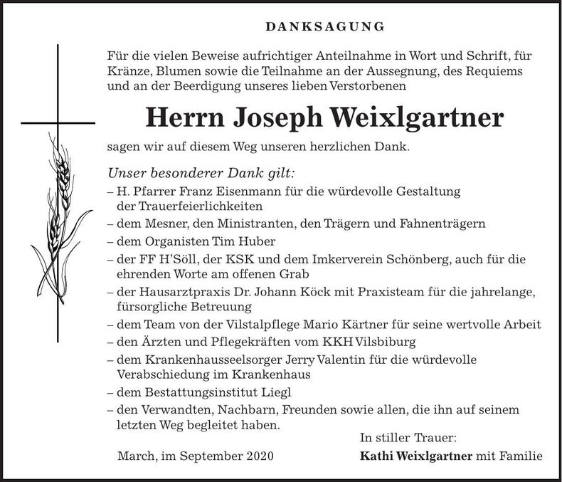 Traueranzeige Joseph Weixlgartner