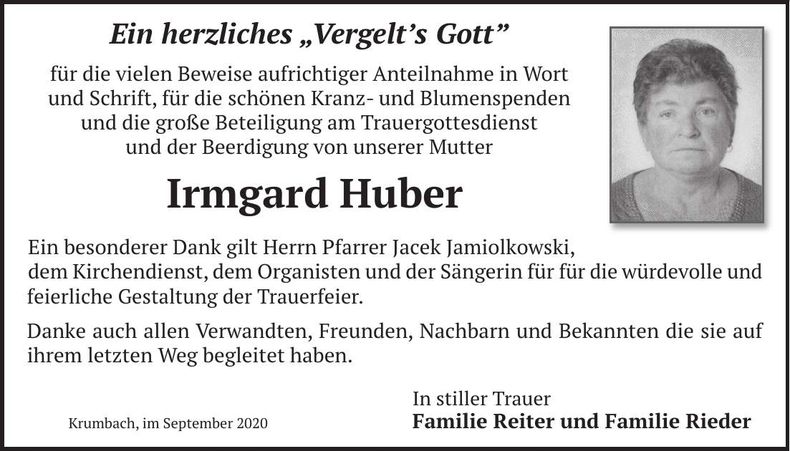 Traueranzeige Irmgard Huber