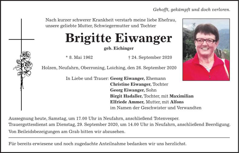 Traueranzeige Brigtitte Eiwanger