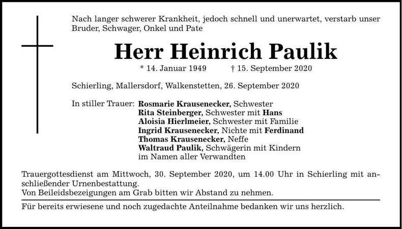 Traueranzeige Heinrich Paulik