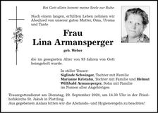Traueranzeige Lina Armansperger