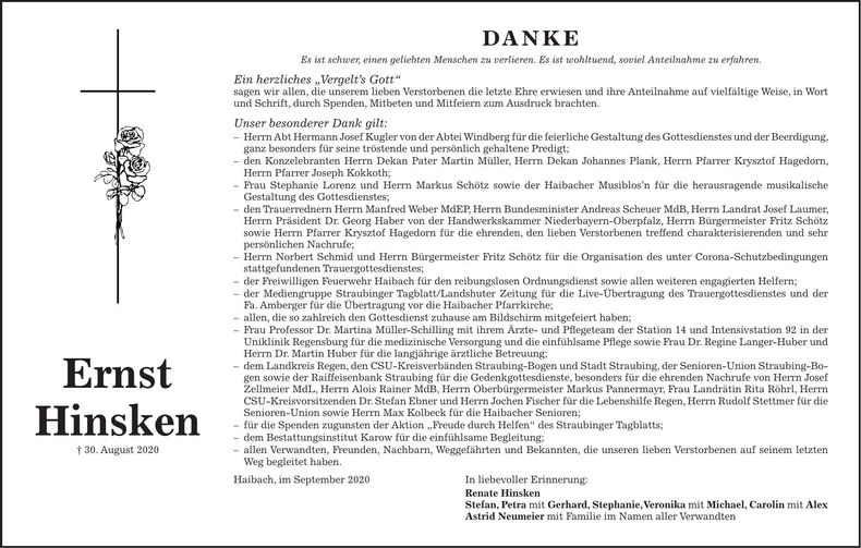 Traueranzeige Ernst Hinsken