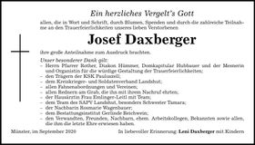 Traueranzeige Josef Daxberger