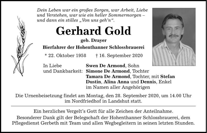Traueranzeige Gerhard Gold