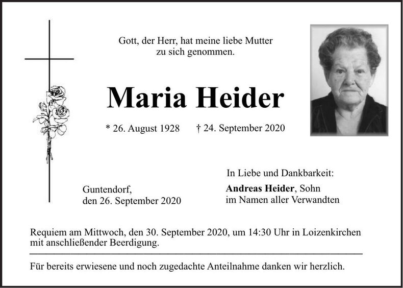 Traueranzeige Maria Heider