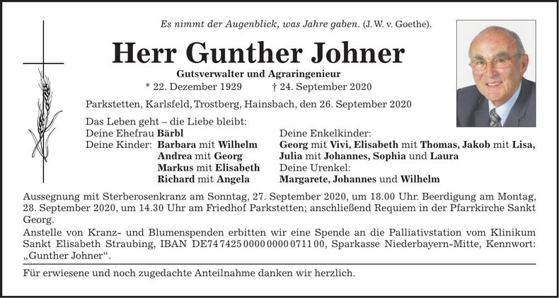 Traueranzeige Gunther Johner