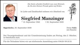 Traueranzeige Siegfried Manzinger