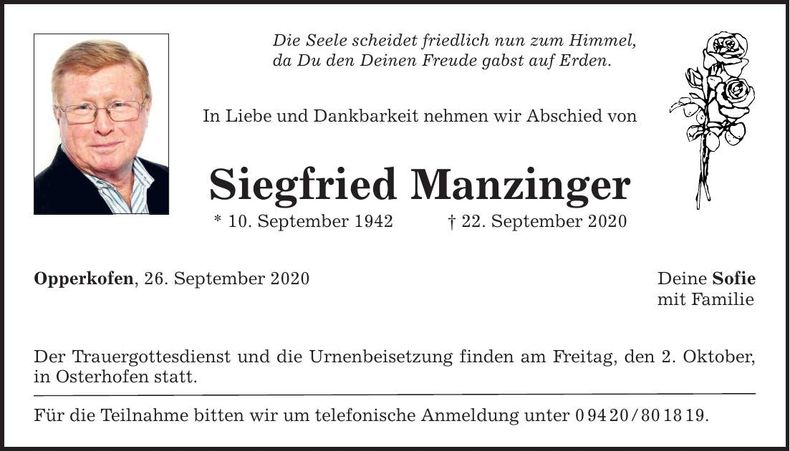 Traueranzeige Siegfried Manzinger