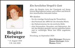 Traueranzeige Brigitte Dietweger