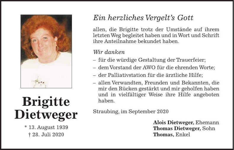 Traueranzeige Brigitte Dietweger