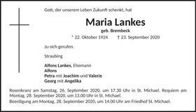 Traueranzeige Maria Lankes