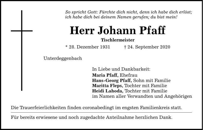 Traueranzeige Johann Pfaff