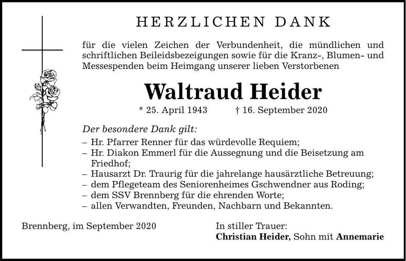 Traueranzeige Waltraud Heider
