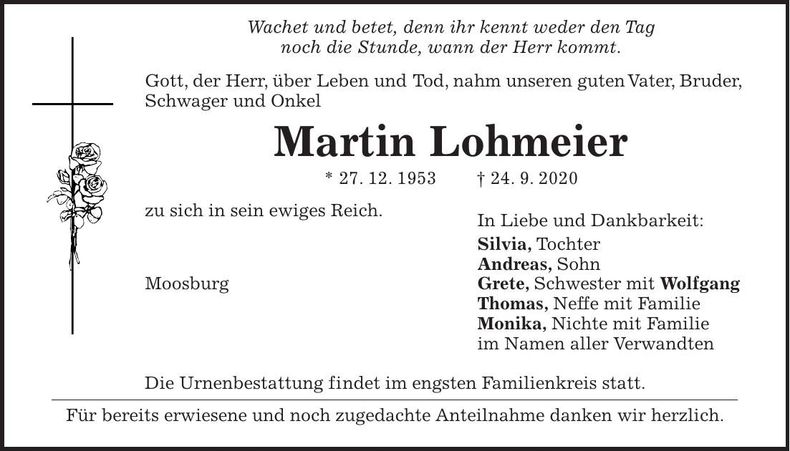 Traueranzeige Martin Lohmeier