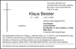 Traueranzeige Klaus Beister