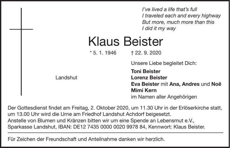 Traueranzeige Klaus Beister