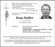 Traueranzeige Erna Deller