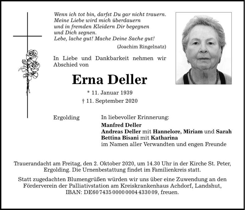 Traueranzeige Erna Deller