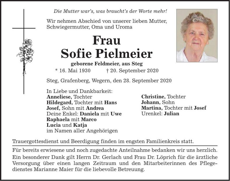 Traueranzeige Sofie Pielmeier