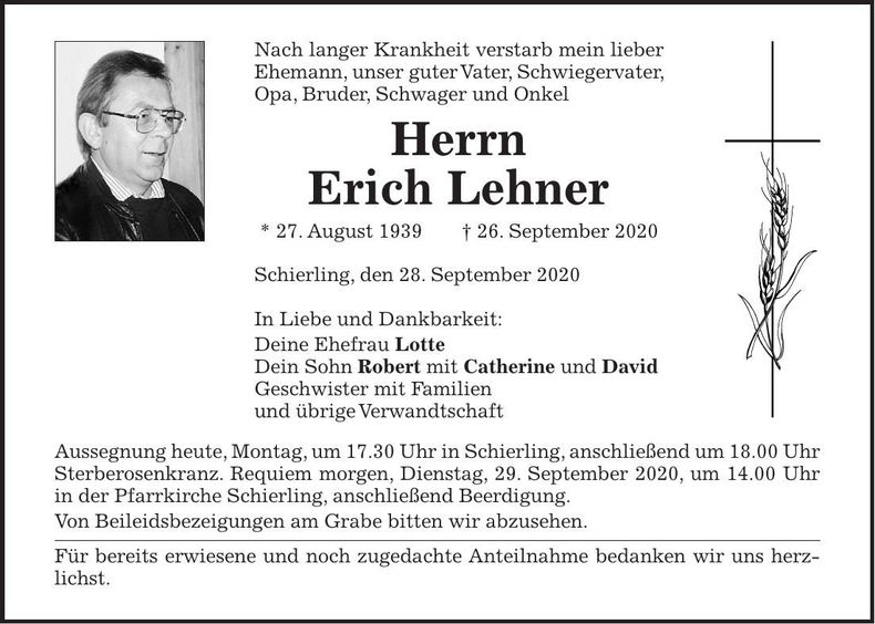 Traueranzeige Erich Lehner